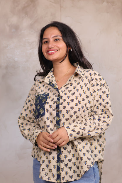 Cream Ajrakh Handblock Printed Patch Work Shirt (Pure Cotton ) | Looms & Tassels