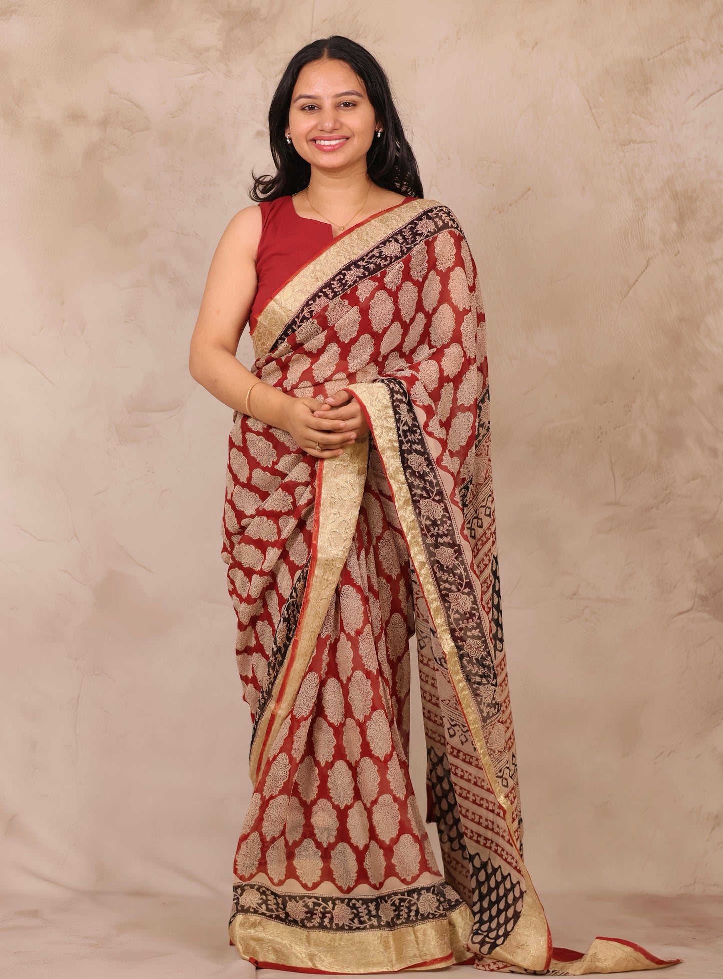 Maroon Chiffon Hand Block Printed Saree with Jari Border | Looms & Tassels