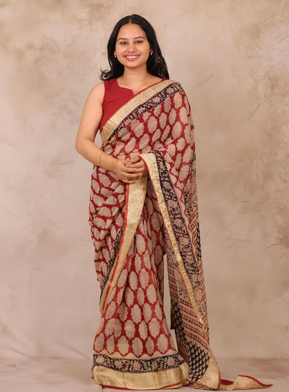 Maroon Chiffon Hand Block Printed Saree with Jari Border | Looms & Tassels