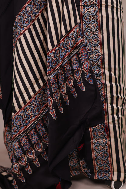 Black Ajrakh Handblock Printed Modal Silk 2 Piece Suit Set | Looms & Tassels