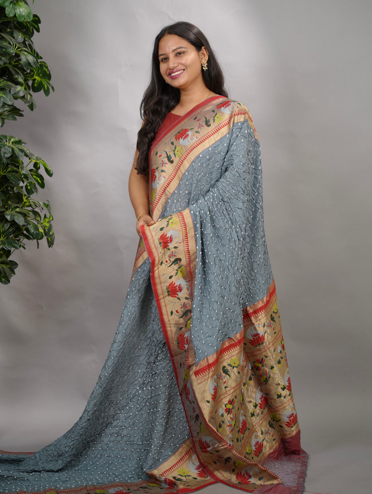 Grey Handcrafted Bandhani Paithani Dola Silk Saree | Looms & Tassels