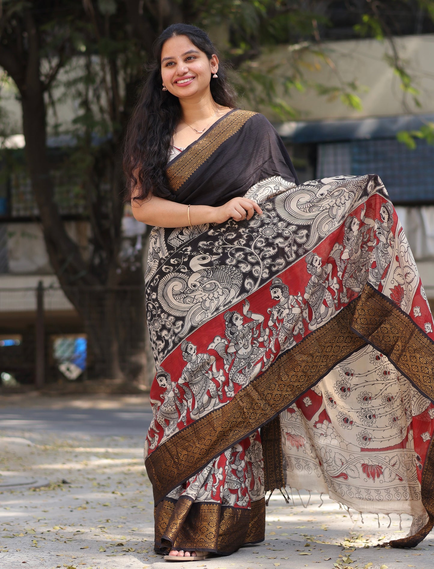 Black & Red  Kanchi border Kalamkari chennur silk saree