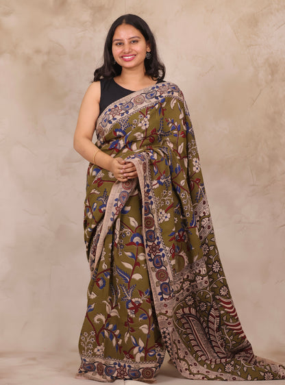 Mehendi Green Kalamkari Cotton Saree