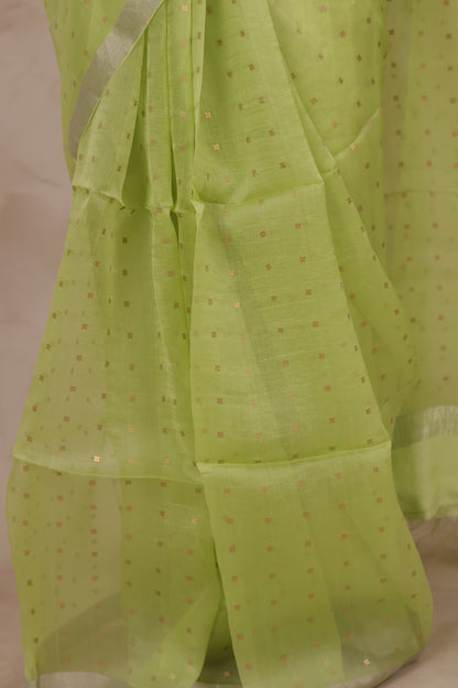 Pastel Lime Green Handwoven Muslin Silk Saree With Sequence Work | Looms & Tassels