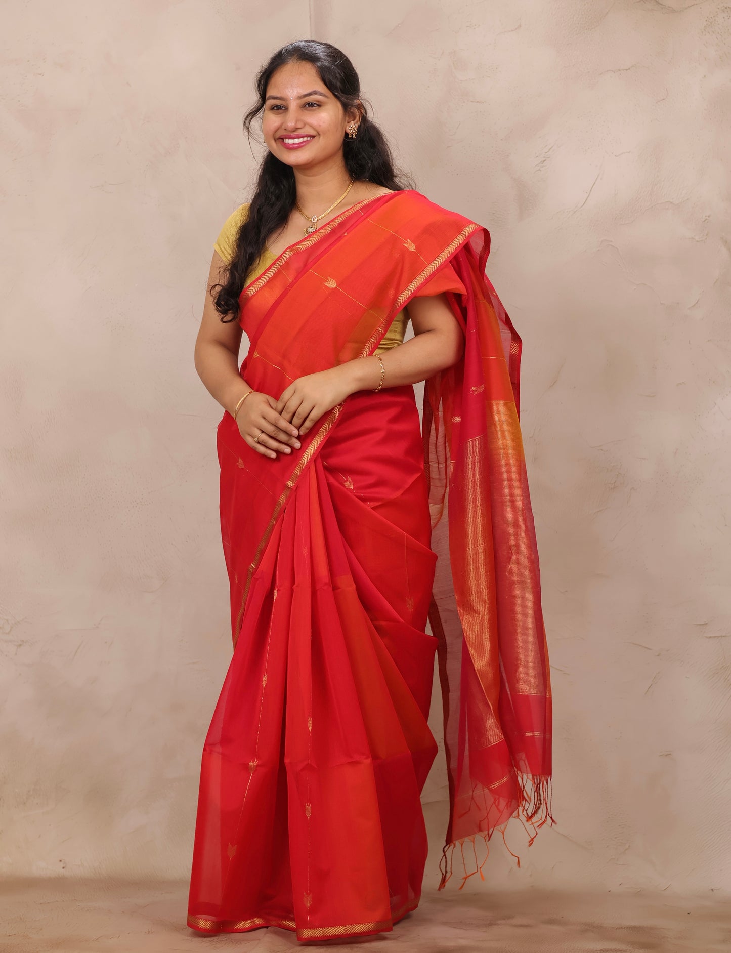 Orange Handloom Maheswari Silk Cotton Sarees | Looms & Tassels