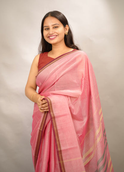 Onion Pink Narayanpet Cotton Saree | Looms & Tassels