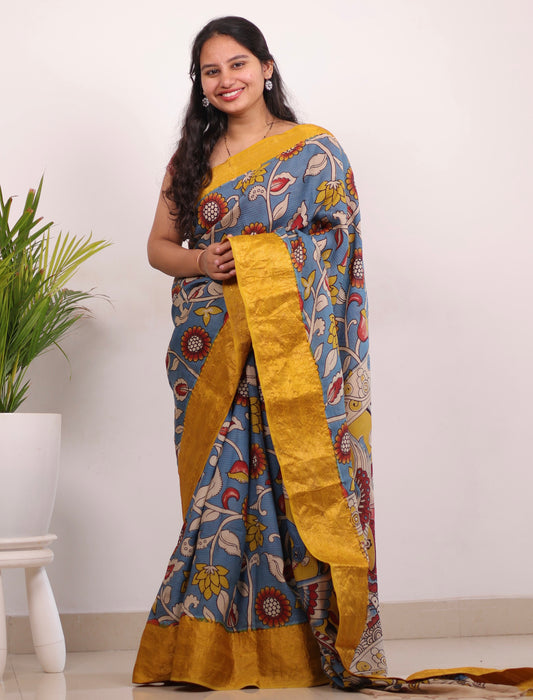 Sky Blue Kanchi border Kalamkari chennur silk saree