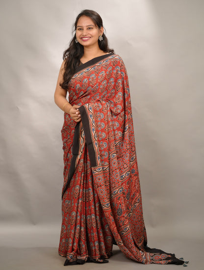 Maroon Kutchi Butta Authentic Ajrakh Handblock Printed Modal Silk Saree | Looms & Tassels