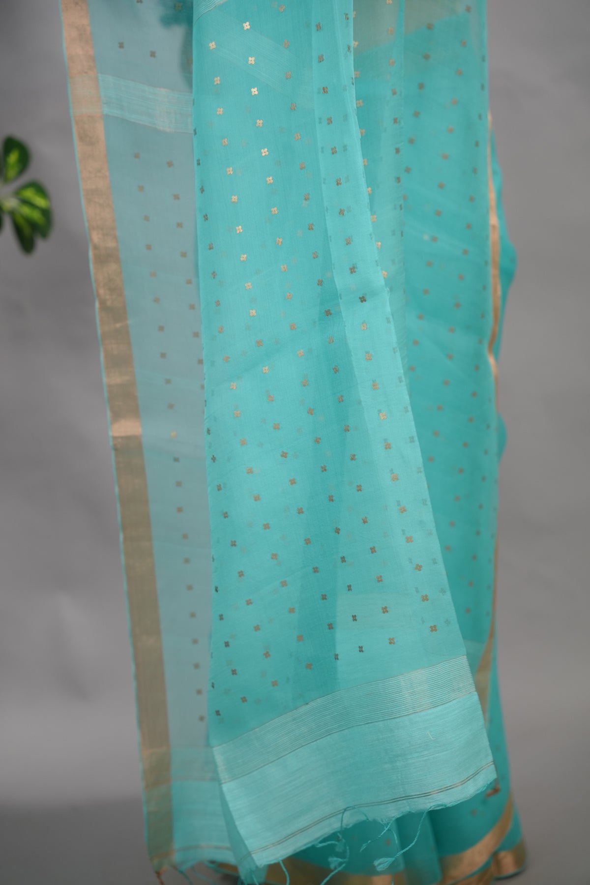 Ice Blue Handwoven Muslin Silk Saree With Sequence Work | Looms & Tassels