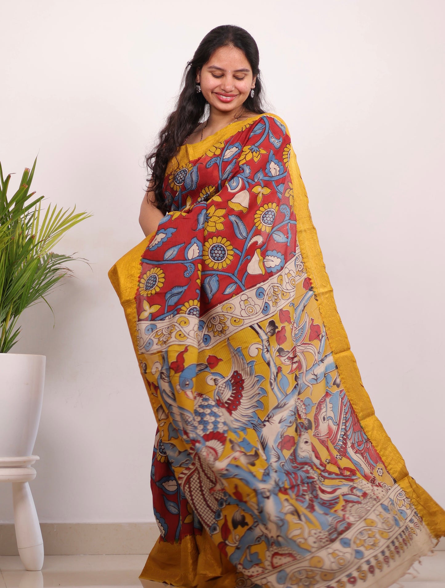 Red Kanchi border Kalamkari chennur silk saree