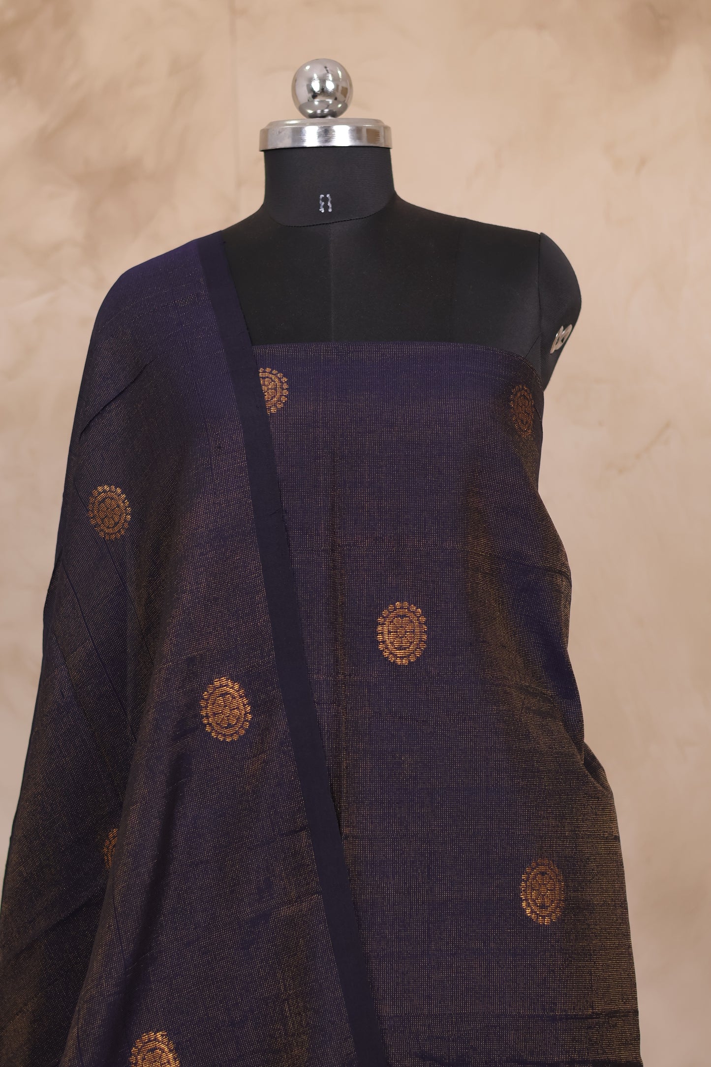 Navy Blue Handwoven Jamdhani weaving Tissue Linen 2 piece suit sets | Looms & Tassels