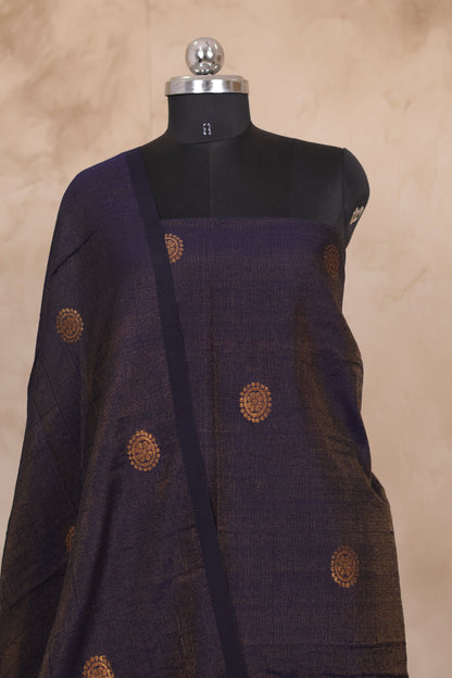 Navy Blue Handwoven Jamdhani weaving Tissue Linen 2 piece suit sets | Looms & Tassels