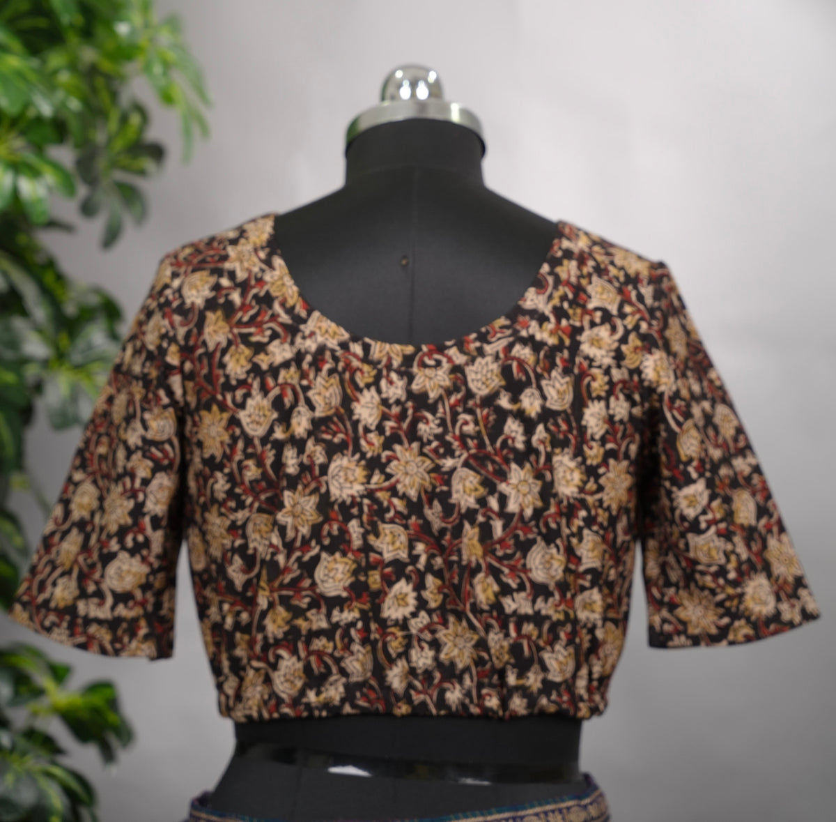 Black Boat Neck Stretchable Hand block printed kalamkari blouse (Elbow Sleeves) | Looms & Tassels