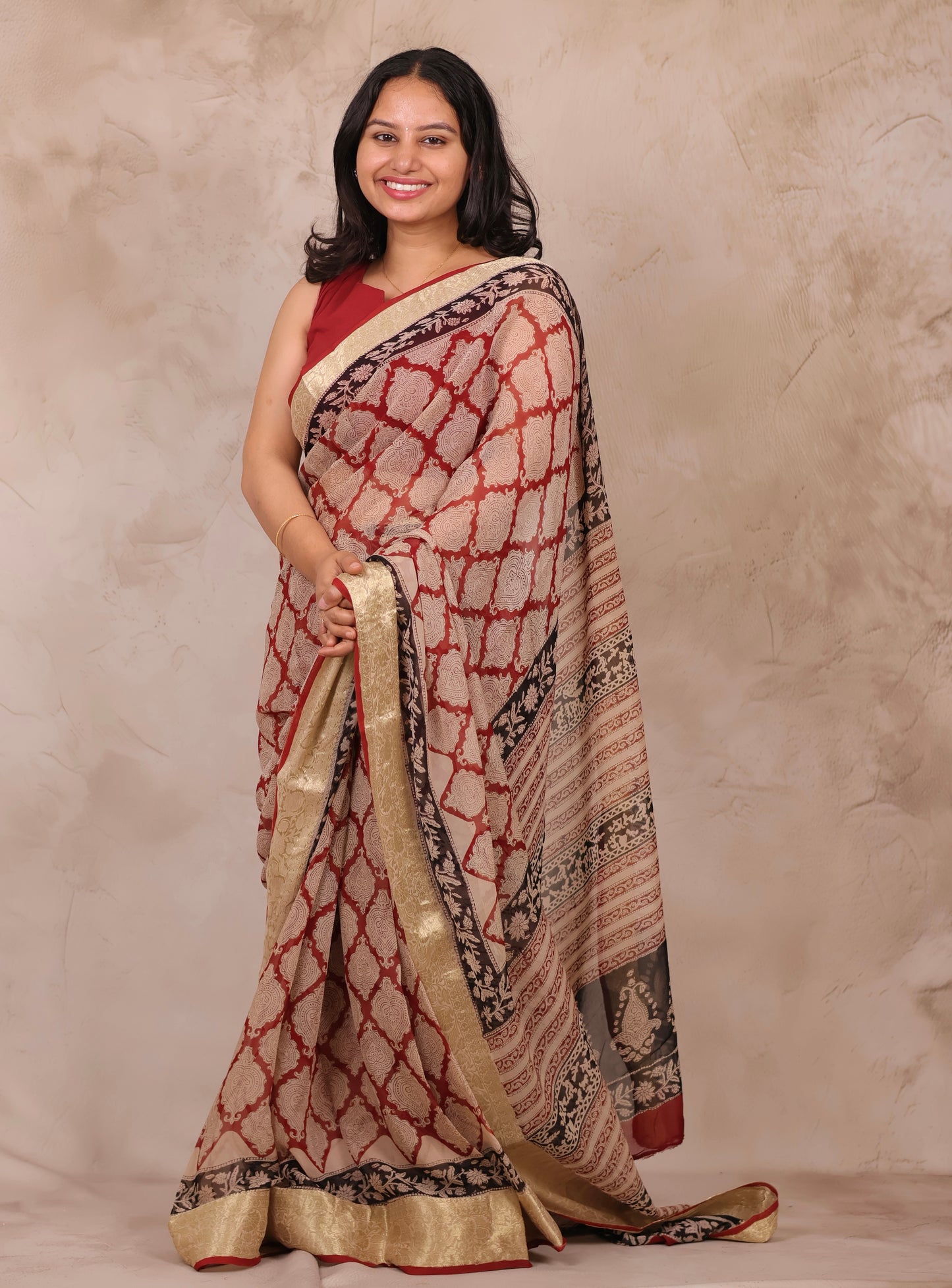 Maroon Chiffon Hand Block Printed Saree with Jari Border | Looms & Tassels
