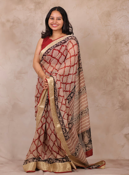 Maroon Chiffon Hand Block Printed Saree with Jari Border | Looms & Tassels