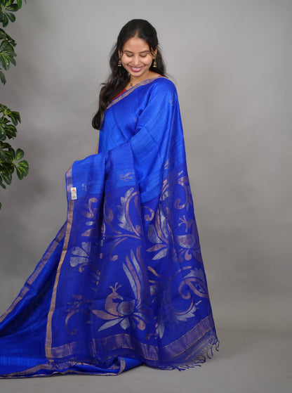 Blue Handloom Jamdhani Pure Matka Silk Saree with Muslin Silk Pallu