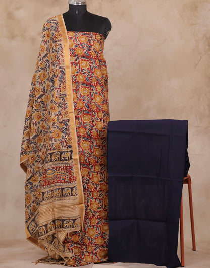 Hand Block Printed Kalamkari Unstitched 3pc Suit Set