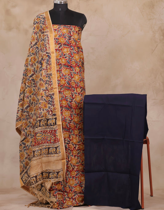 Hand Block Printed Kalamkari Unstitched 3pc Suit Set