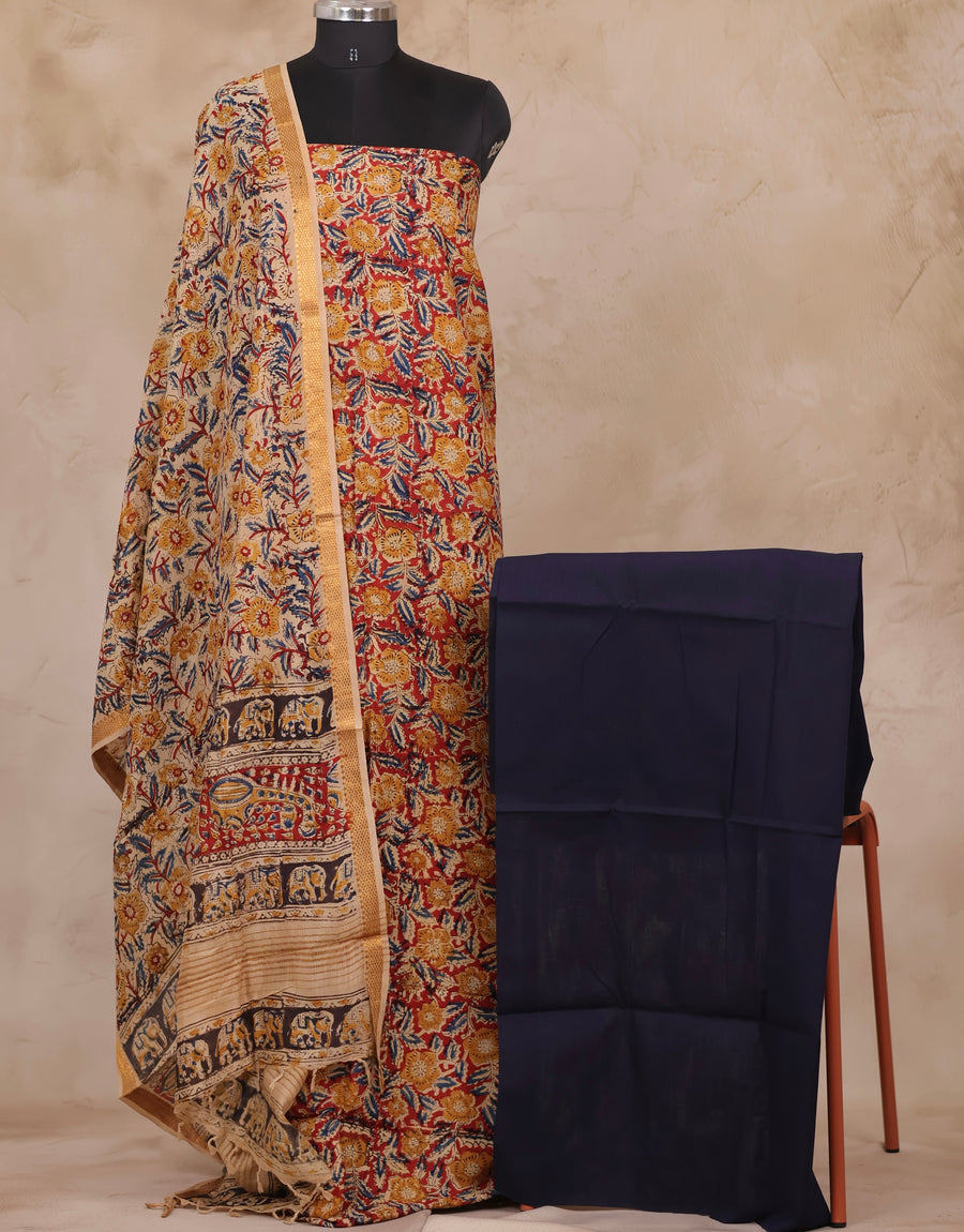 Red And Blue Hand Block Printed Kalamkari Unstitched 3pc Suit Set