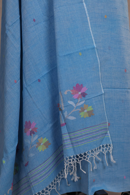 Powder Blue Handwoven Jamdhani weaving pure Malai cotton 2 piece suit sets | Looms & Tassels