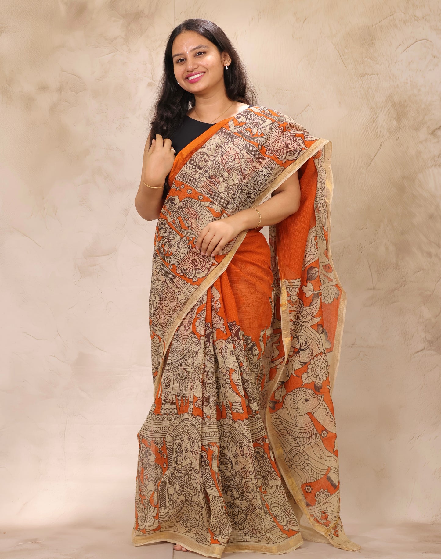 Orange Kota Doria Saree with Kalamkari Handblock Prints | Looms & Tassels