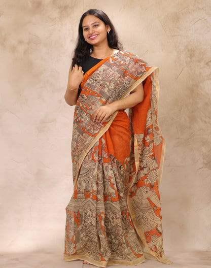 Orange Kota Doria Saree with Kalamkari Handblock Prints | Looms & Tassels