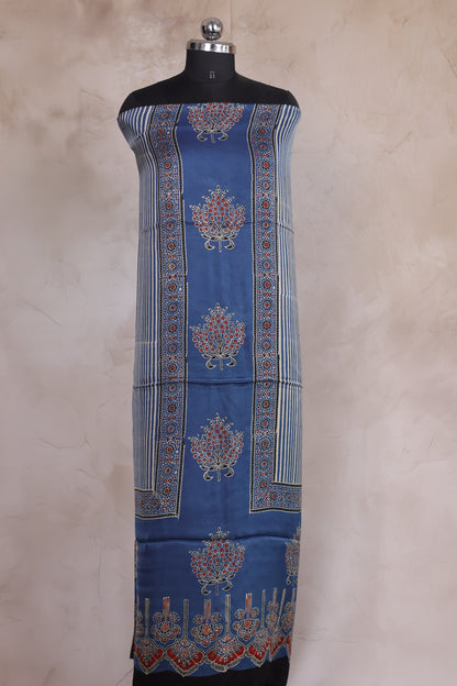 Indigo Floral & Contemporary Ajrakh Handblock Printed Modal Silk 2 Piece Suit Set | Looms & Tassels