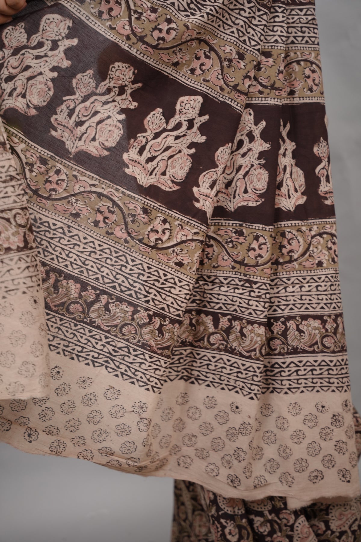 Dark Maroon Hand Block Printed Kalamkari Cotton Saree | Looms & Tassels