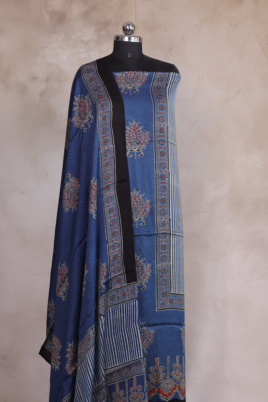 Indigo Floral & Contemporary Ajrakh Handblock Printed Modal Silk 2 Piece Suit Set | Looms & Tassels