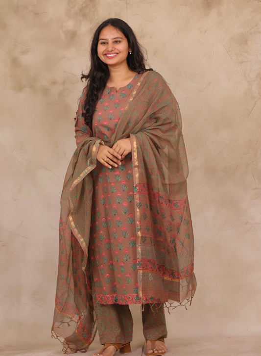 Brown Handblock printed Pure Mul Cotton with Kota Doria Duppata 3 piece suit (stitched)