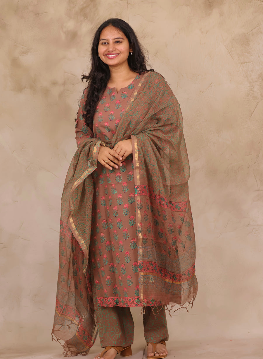 Brown Handblock printed Pure Mul Cotton with Kota Doria Duppata 3 piece suit (stitched)
