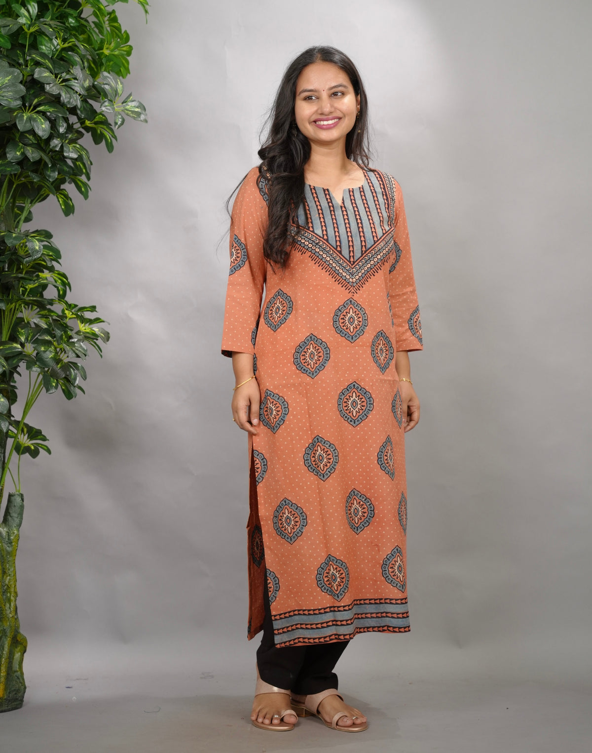 Peach Ajrakh Pattern Hand Block printed Kurti | Looms & Tassels