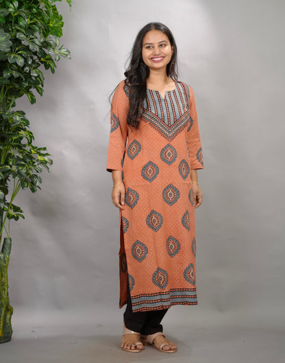 Peach Ajrakh Pattern Hand Block printed Kurti | Looms & Tassels