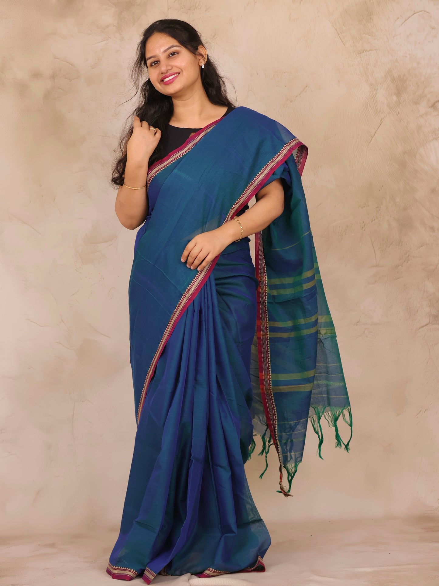 Cyan Blue Narayanpet Cotton Saree | Looms & Tassels