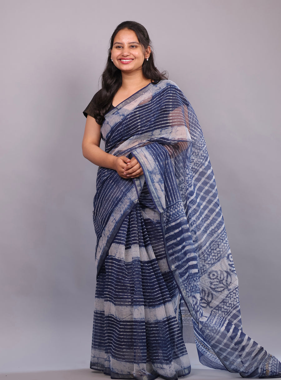 Pure Kota Doria Saree with Bagru Handblock Prints – Blue | Looms&Tassels