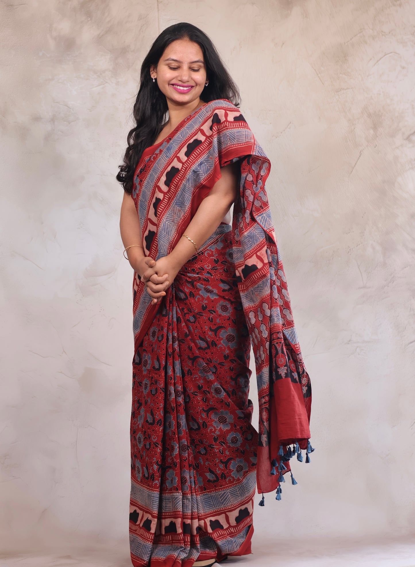Red Ajrakh Hand Block Printed Mul Cotton Saree | Looms & Tassels