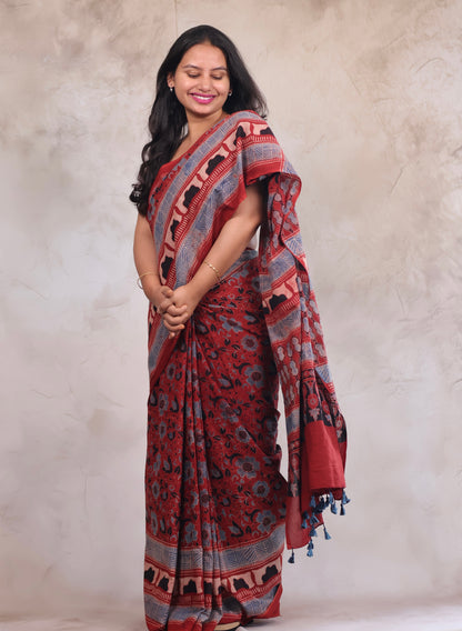 Red Ajrakh Hand Block Printed Mul Cotton Saree | Looms & Tassels