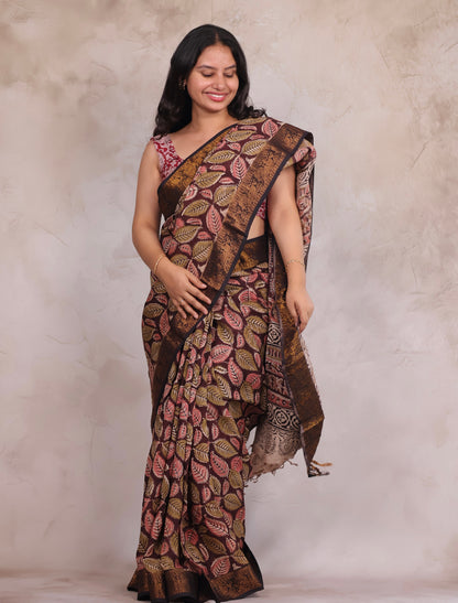 Brown Hand Block Printed Kalamkari Kanchi Border Silk Saree