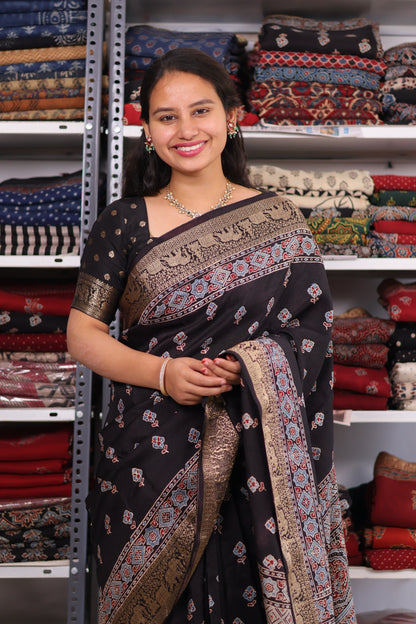 Black Ajrakh Dola Silk Saree