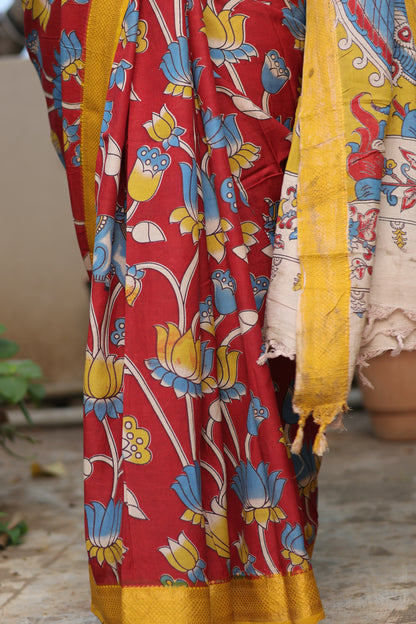 Red Lotus & Pichwai Kalamkari Silk Handcrafted Nizam Border Saree