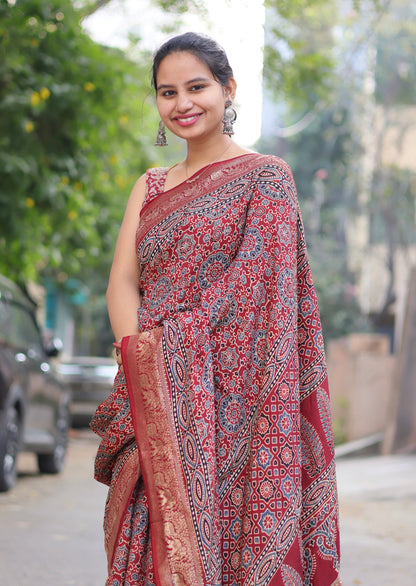 Ajrakh Dola Silk Saree