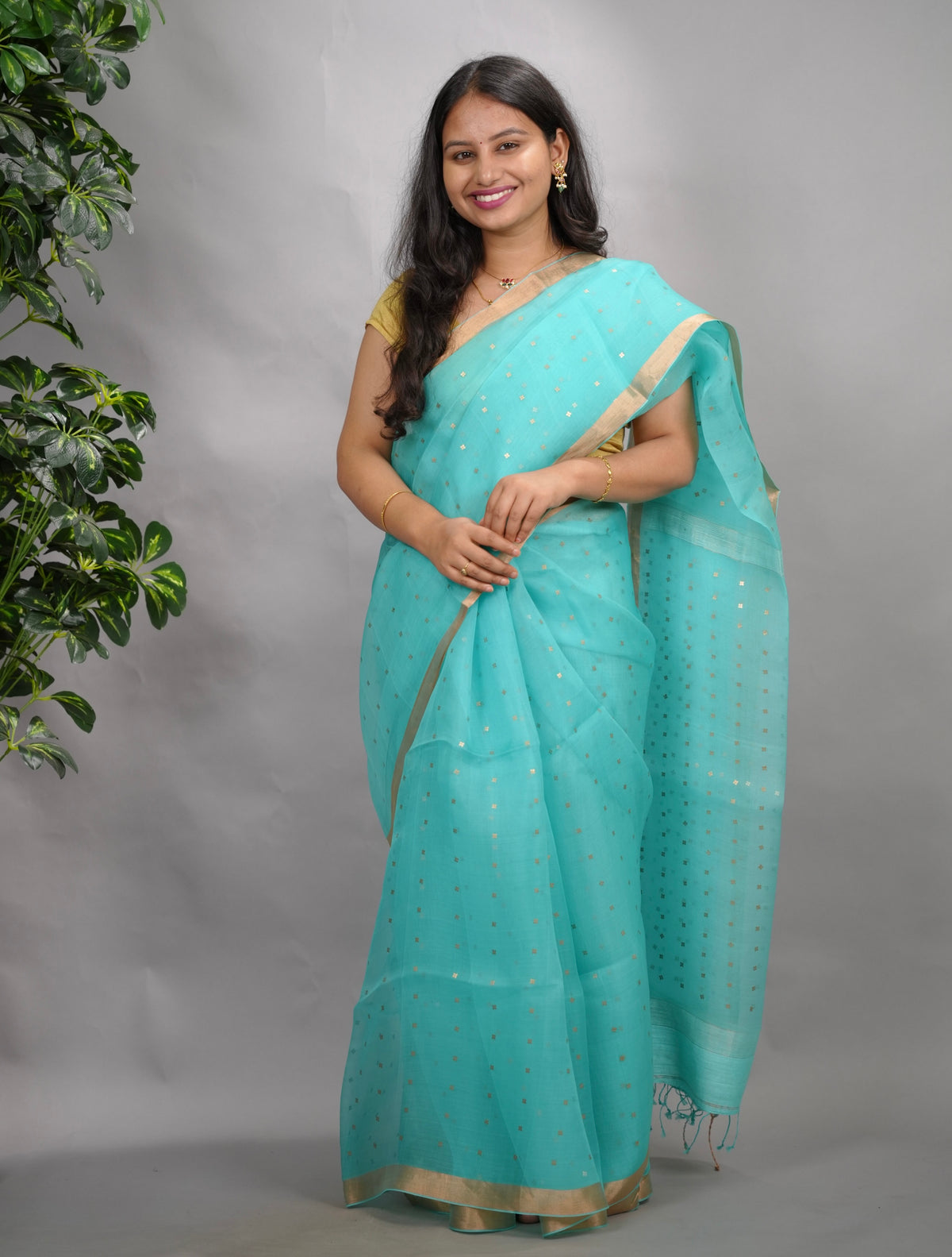 Ice Blue Handwoven Muslin Silk Saree With Sequence Work | Looms & Tassels