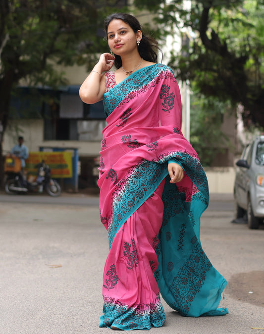 Pink Hand dyeing premium chennur silk with block prints saree