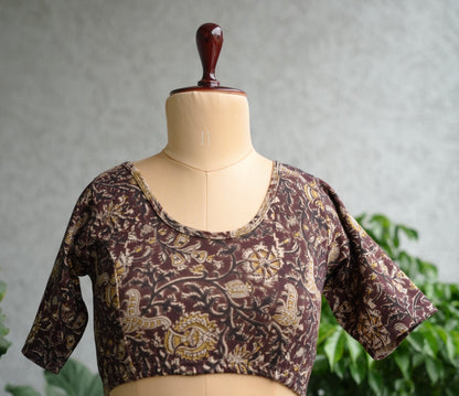 Brown Round Neck Stretchable Hand block printed kalamkari blouse