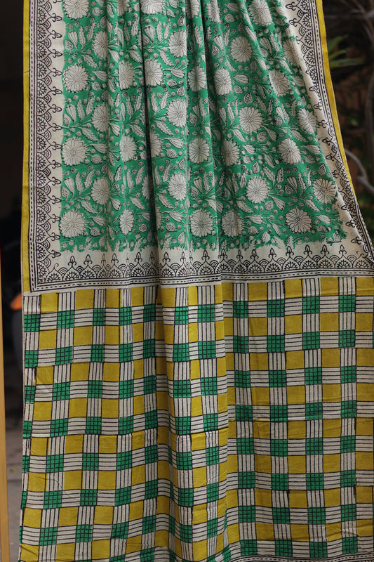 Sea Green Bagru Handblock printed MulMul cotton saree