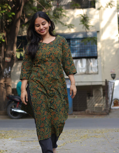 Green Ajrakh Hand Block Printed Kurti