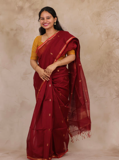 Maroon Handloom Maheswari Silk Cotton Sarees | Looms & Tassels