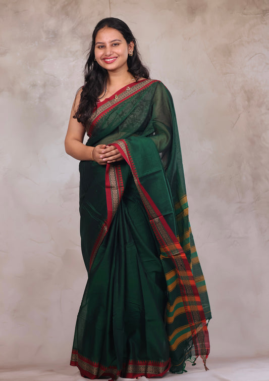 Green & Red Narayanpet Cotton Saree | Looms & Tassels