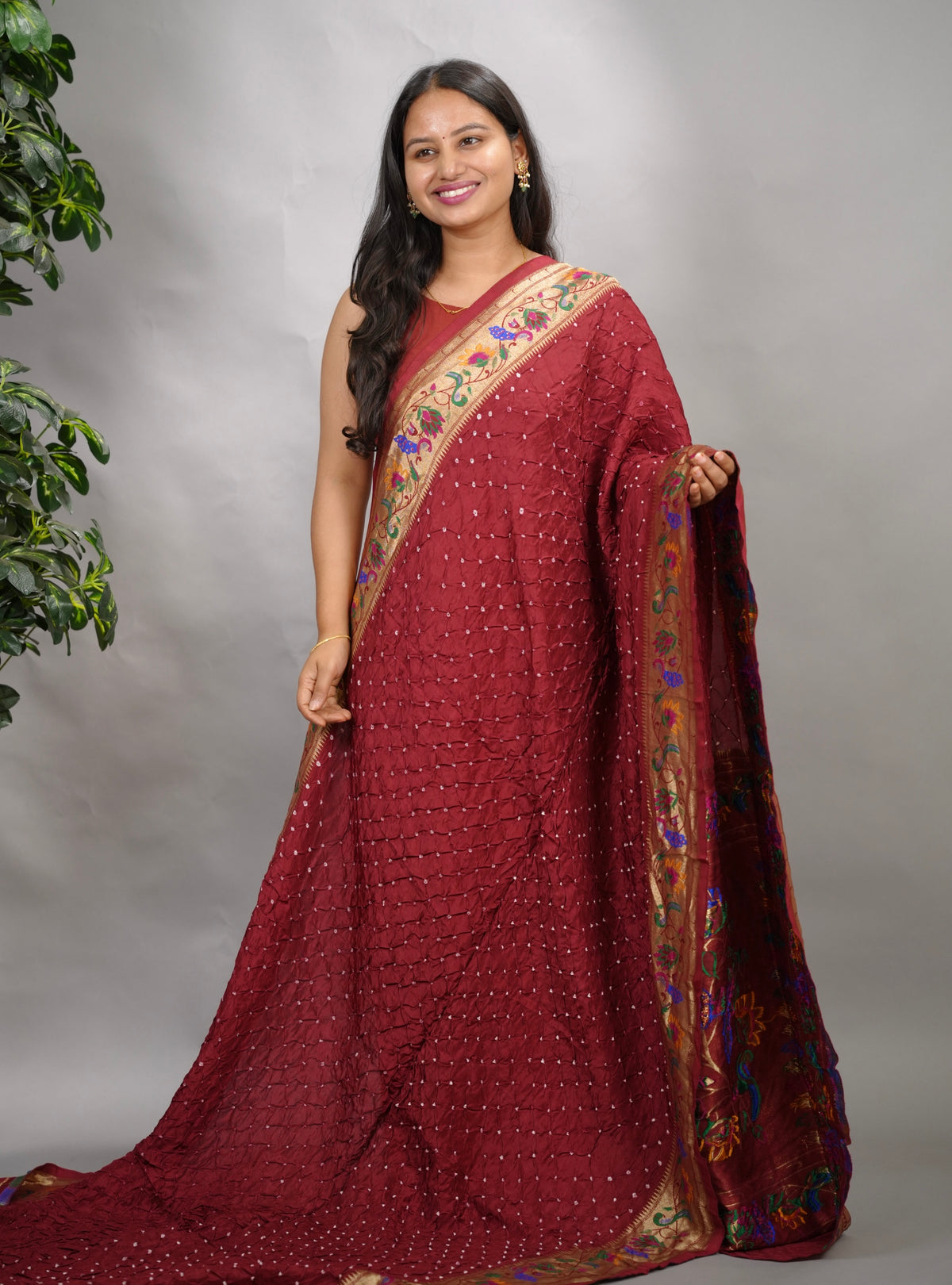 Maroon Handcrafted Bandhani Paithani Dola Silk Saree | Looms & Tassels