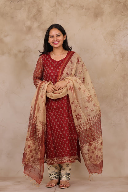 Maroon Handblock printed kota 3 piece suit (stitched)